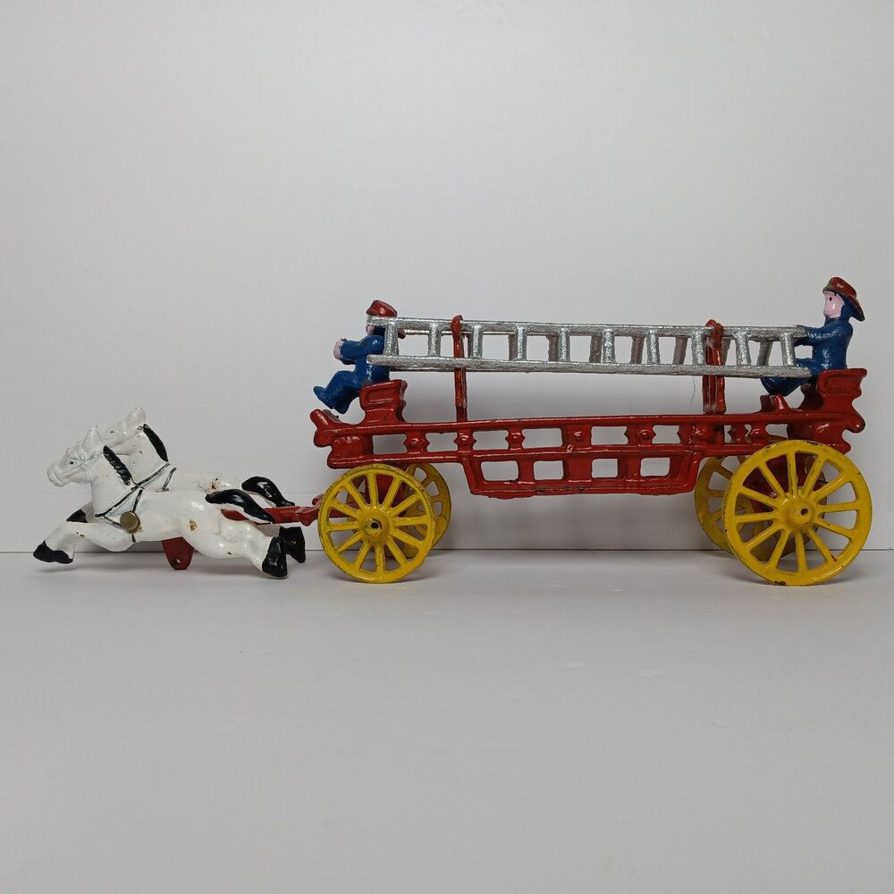 Vintage Cast Iron 2 Horse Drawn Fire Truck Carriage Hook And Ladder Two Man Crew